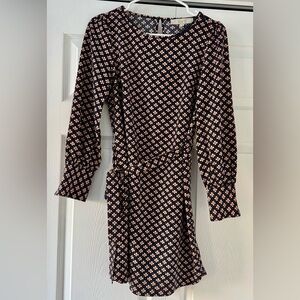 LOFT Navy and Pink Geometric Long Sleeve Dress